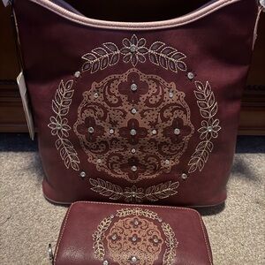 America Bling Hobo Purse & Matching Wallet-New (Maroon w/Rhinestones)